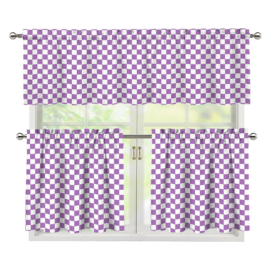 Light Purple And White Checkered Print 3 Piece Kitchen Curtains