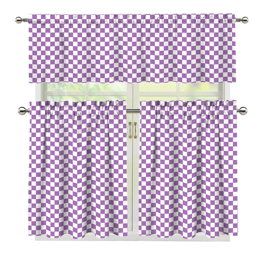 Light Purple And White Checkered Print 3 Piece Kitchen Curtains