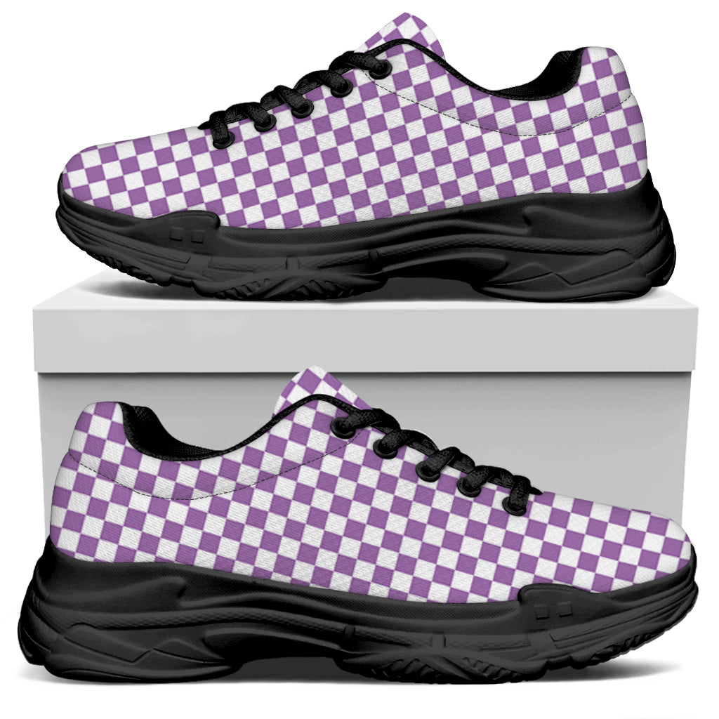 Light Purple And White Checkered Print Black Chunky Shoes