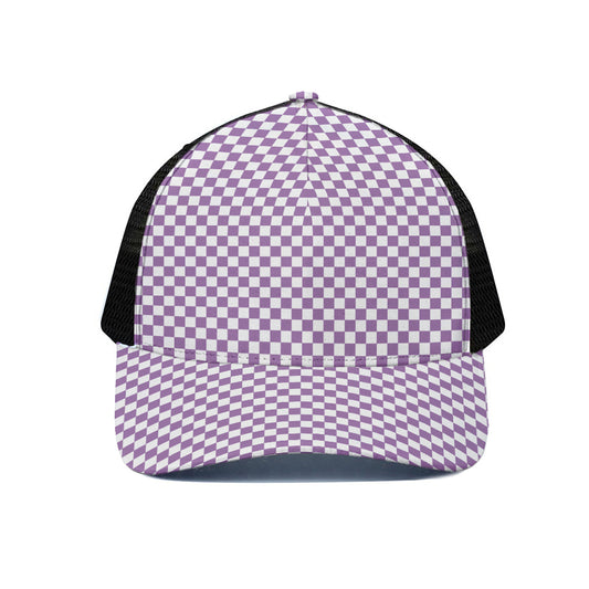 Light Purple And White Checkered Print Black Mesh Trucker Cap