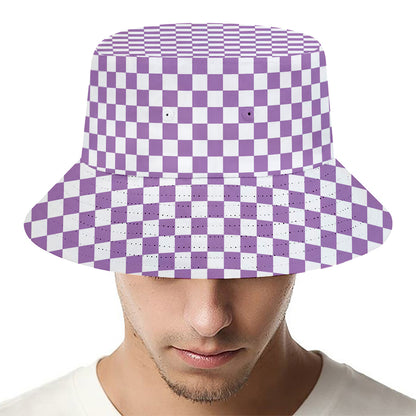 Light Purple And White Checkered Print Bucket Hat
