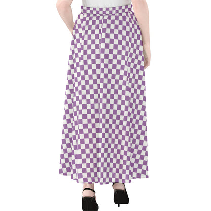 Light Purple And White Checkered Print Chiffon Maxi Skirt
