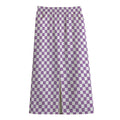 Light Purple And White Checkered Print Cotton Front Slit Maxi Skirt