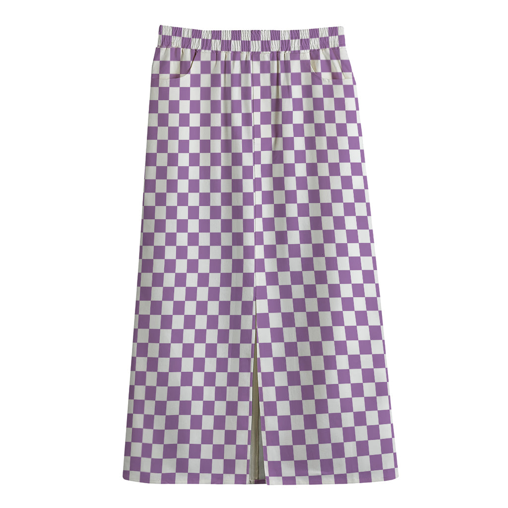 Light Purple And White Checkered Print Cotton Front Slit Maxi Skirt
