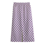 Light Purple And White Checkered Print Cotton Front Slit Maxi Skirt