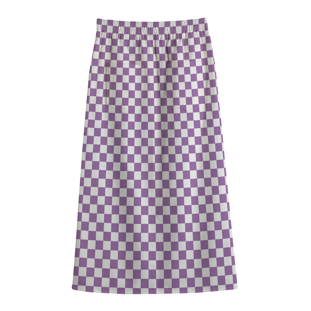 Light Purple And White Checkered Print Cotton Front Slit Maxi Skirt