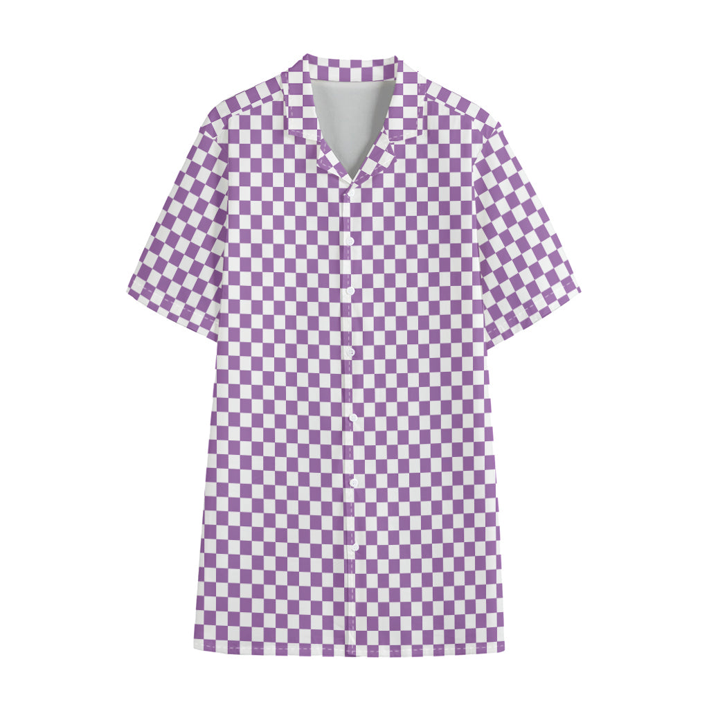 Light Purple And White Checkered Print Cotton Hawaiian Shirt