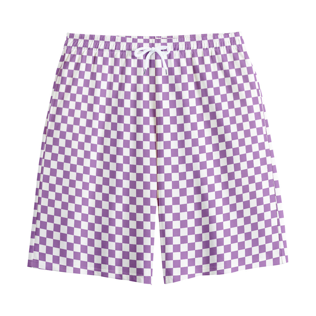 Light Purple And White Checkered Print Cotton Shorts
