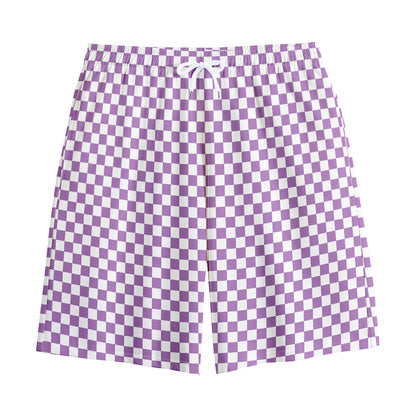 Light Purple And White Checkered Print Cotton Shorts