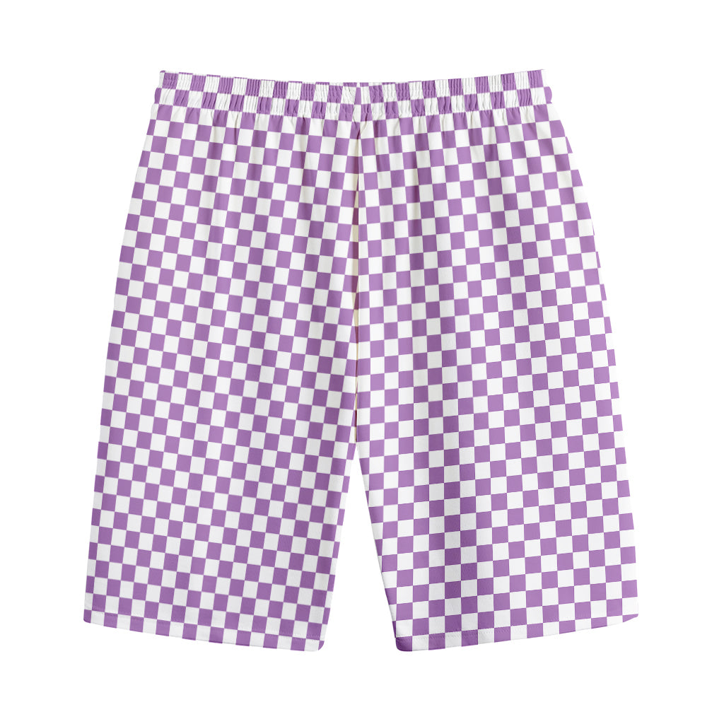Light Purple And White Checkered Print Cotton Shorts