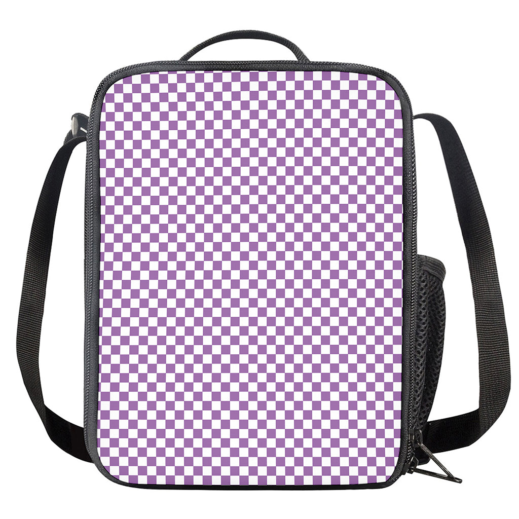 Light Purple And White Checkered Print Crossbody Lunch Bag