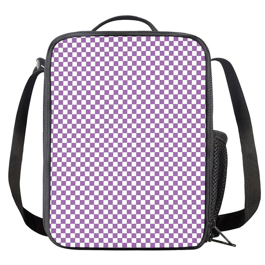 Light Purple And White Checkered Print Crossbody Lunch Bag