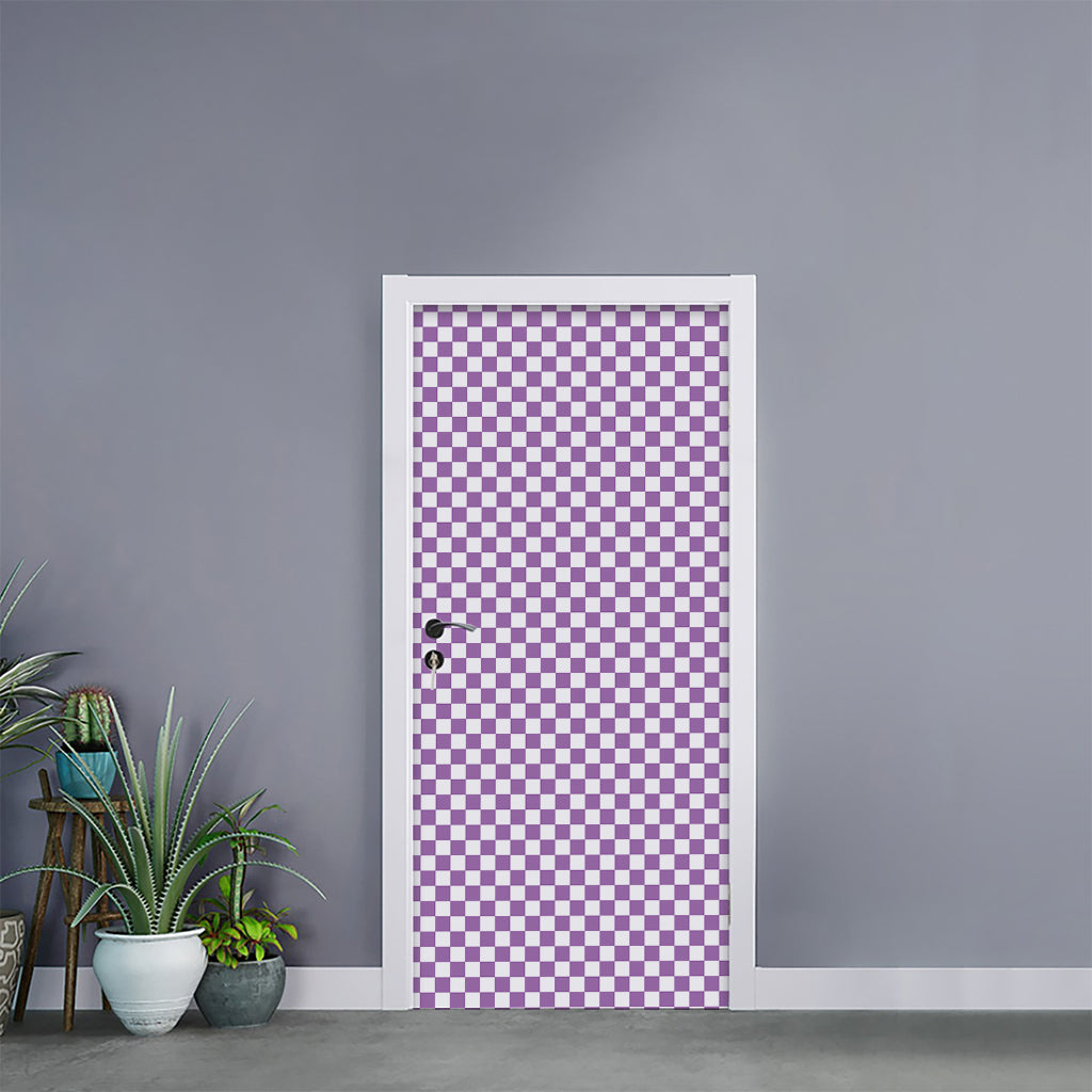 Light Purple And White Checkered Print Door Sticker