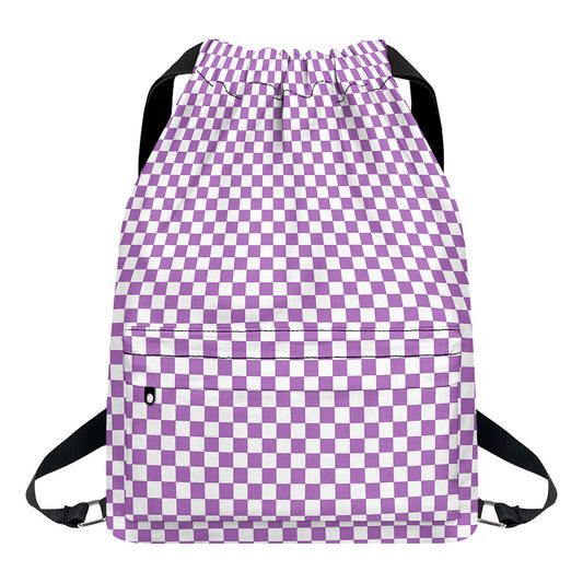 Light Purple And White Checkered Print Drawstring Backpack