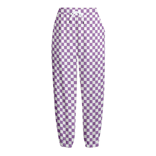 Light Purple And White Checkered Print Fleece Lined Knit Pants