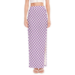 Light Purple And White Checkered Print High Slit Maxi Skirt
