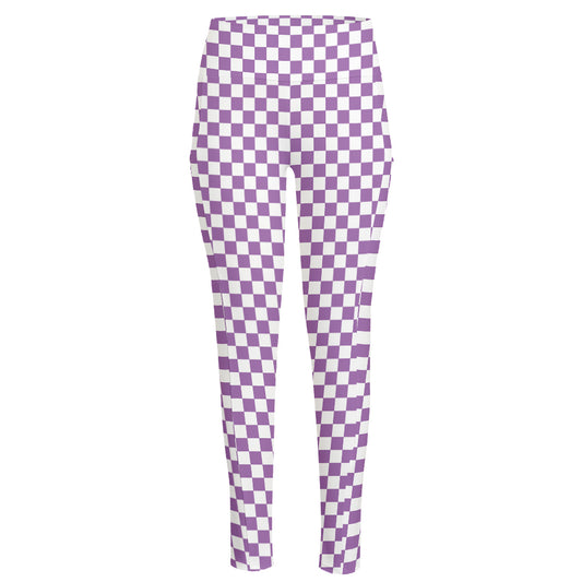 Light Purple And White Checkered Print High-Waisted Pocket Leggings