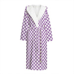 Light Purple And White Checkered Print Hooded Bathrobe