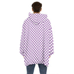 Light Purple And White Checkered Print Hoodie Blanket