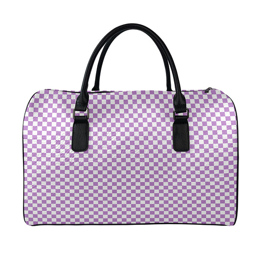 Light Purple And White Checkered Print Leather Duffle Bag