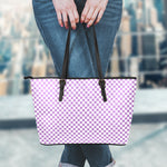 Light Purple And White Checkered Print Leather Tote Bag