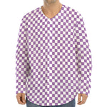 Light Purple And White Checkered Print Long Sleeve Baseball Jersey