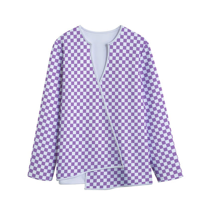 Light Purple And White Checkered Print Long Sleeve Short Coat