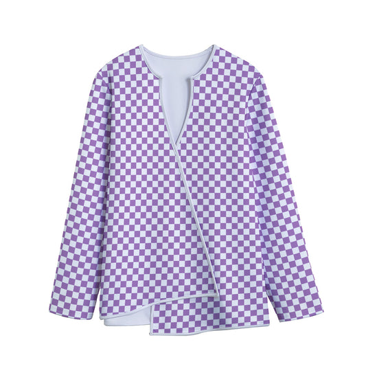 Light Purple And White Checkered Print Long Sleeve Short Coat