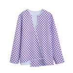 Light Purple And White Checkered Print Long Sleeve Short Coat