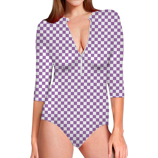 Light Purple And White Checkered Print Long Sleeve Swimsuit