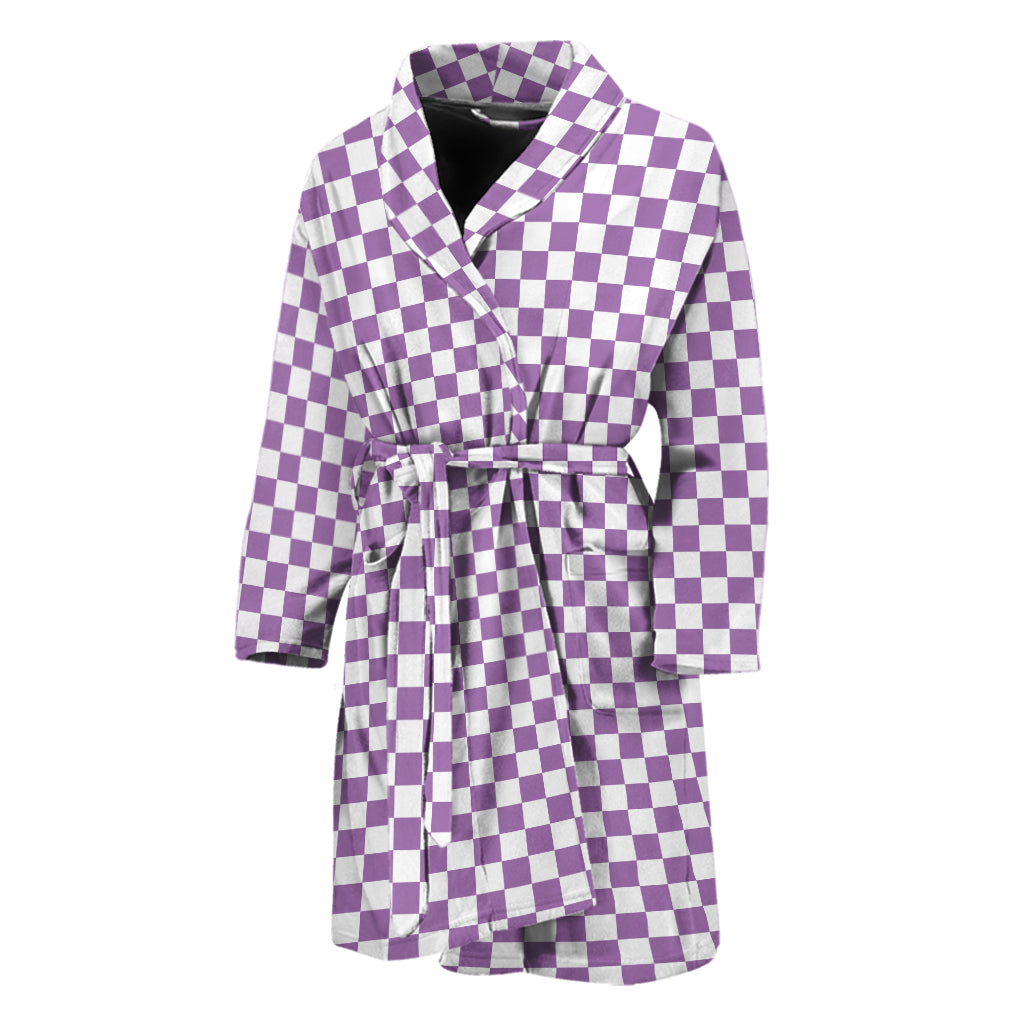 Light Purple And White Checkered Print Men's Bathrobe