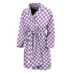 Light Purple And White Checkered Print Men's Bathrobe