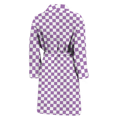Light Purple And White Checkered Print Men's Bathrobe
