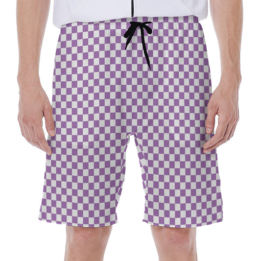 Light Purple And White Checkered Print Men's Beach Shorts