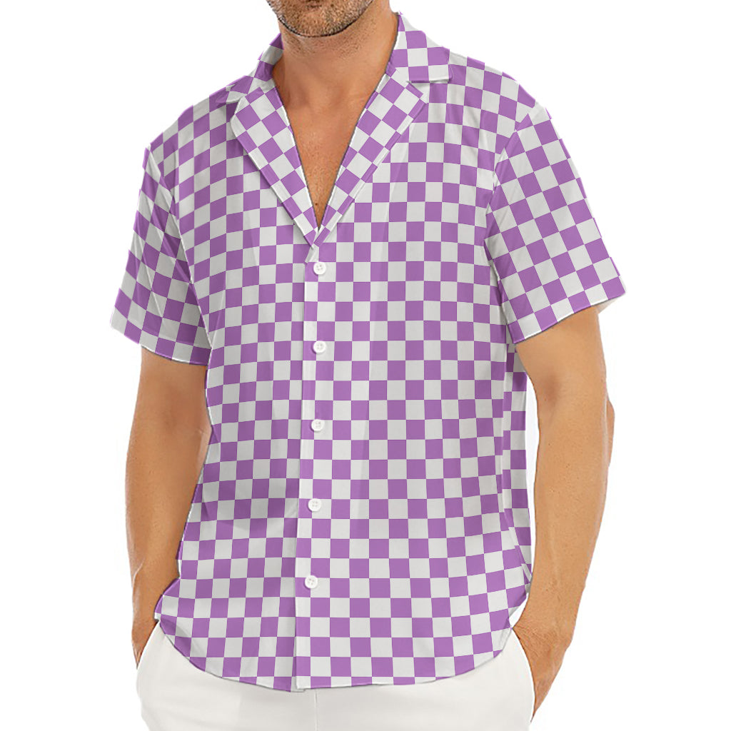 Light Purple And White Checkered Print Men's Deep V-Neck Shirt