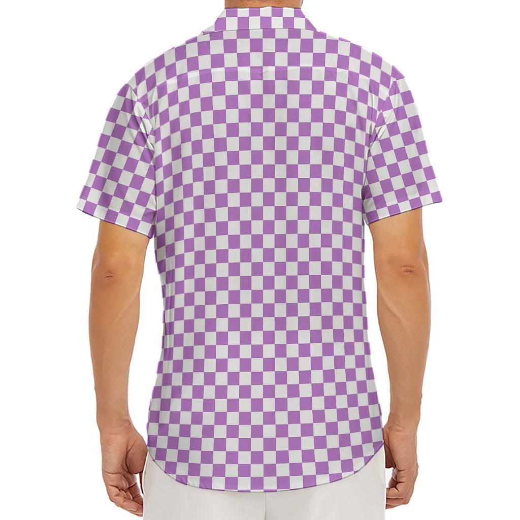 Light Purple And White Checkered Print Men's Deep V-Neck Shirt