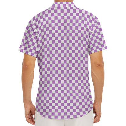 Light Purple And White Checkered Print Men's Deep V-Neck Shirt