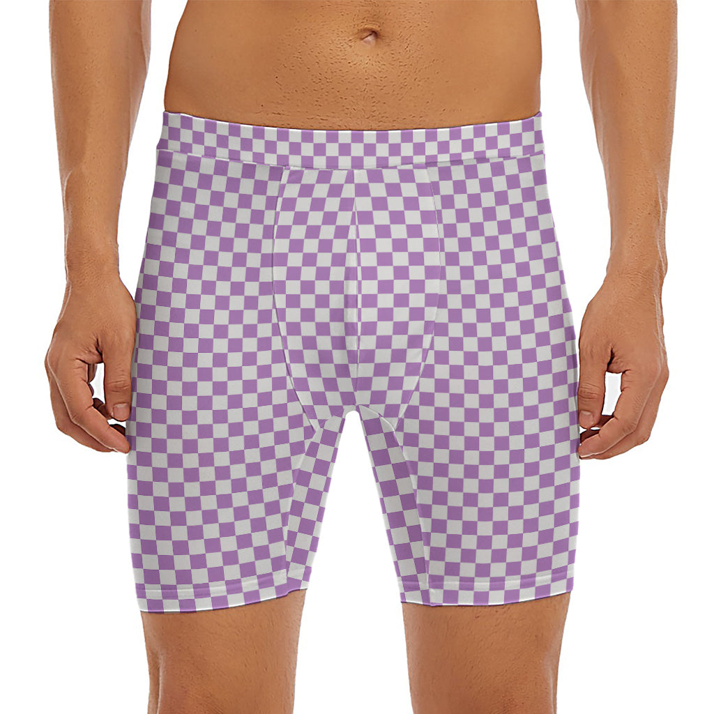 Light Purple And White Checkered Print Men's Long Boxer Briefs