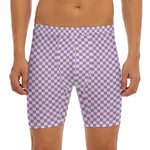 Light Purple And White Checkered Print Men's Long Boxer Briefs