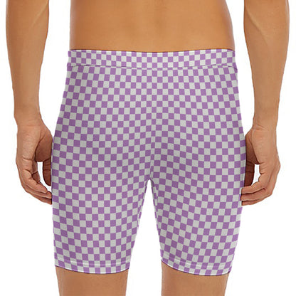 Light Purple And White Checkered Print Men's Long Boxer Briefs