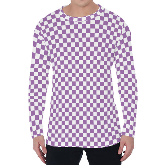 Light Purple And White Checkered Print Men's Long Sleeve T-Shirt