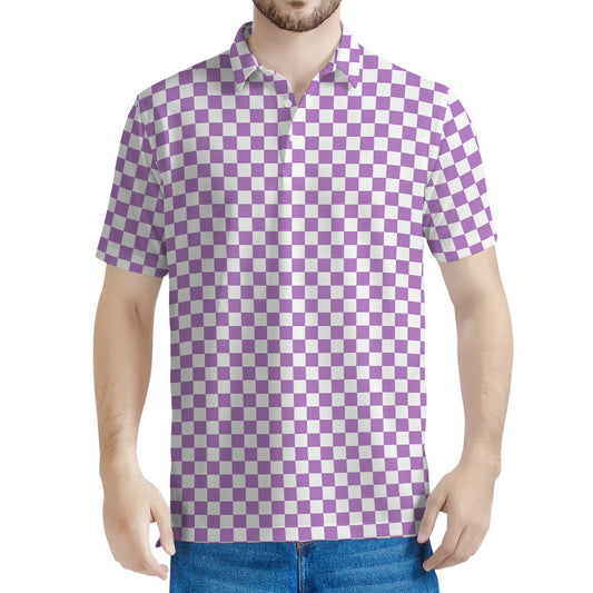 Light Purple And White Checkered Print Men's Polo Shirt