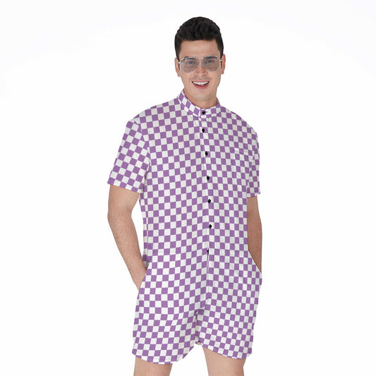 Light Purple And White Checkered Print Men's Rompers