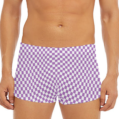Light Purple And White Checkered Print Men's Short Boxer Briefs