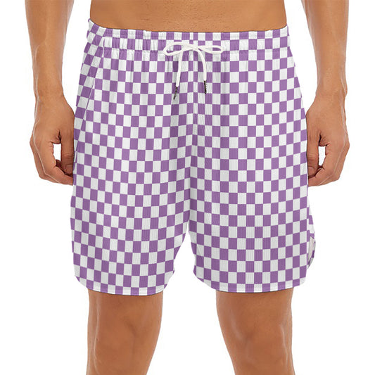 Light Purple And White Checkered Print Men's Split Running Shorts