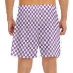 Light Purple And White Checkered Print Men's Split Running Shorts