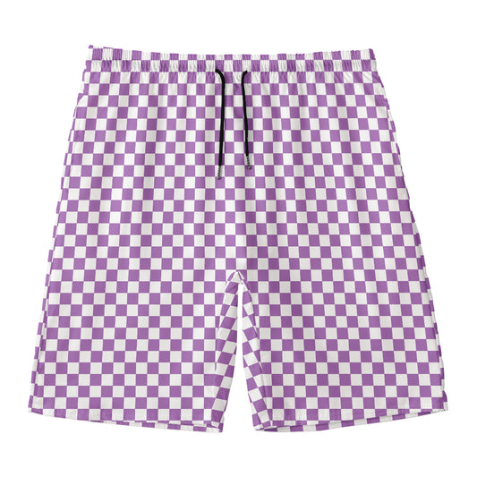 Light Purple And White Checkered Print Men's Swim Trunks