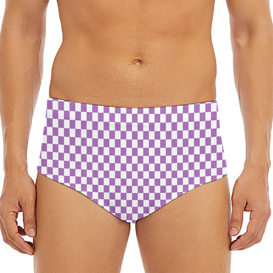Light Purple And White Checkered Print Men's Triangle Swim Briefs