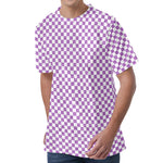 Light Purple And White Checkered Print Men's Velvet T-Shirt