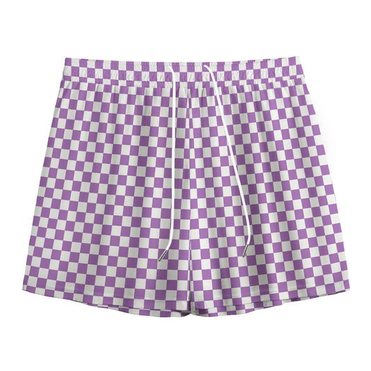 Light Purple And White Checkered Print Mesh Shorts